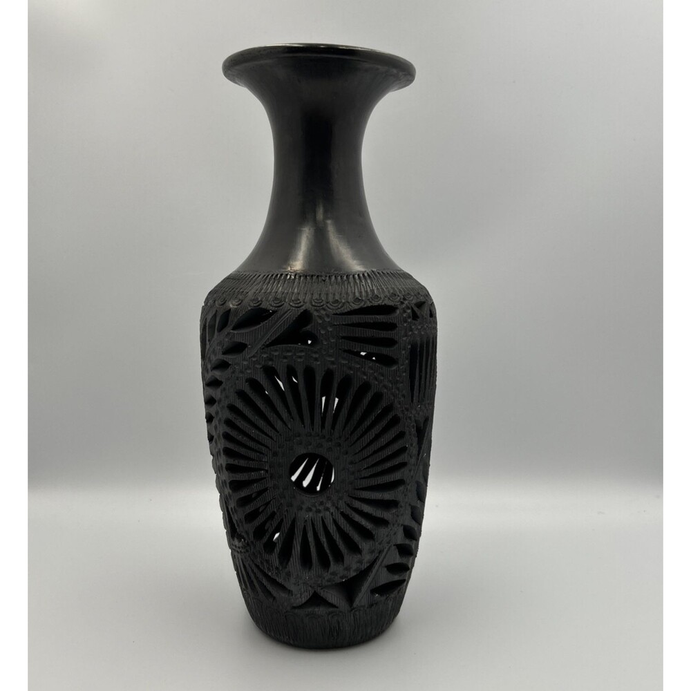 Vintage Black Clay Vase Hand Carved Pierced Floral Folk Art Pottery 12"